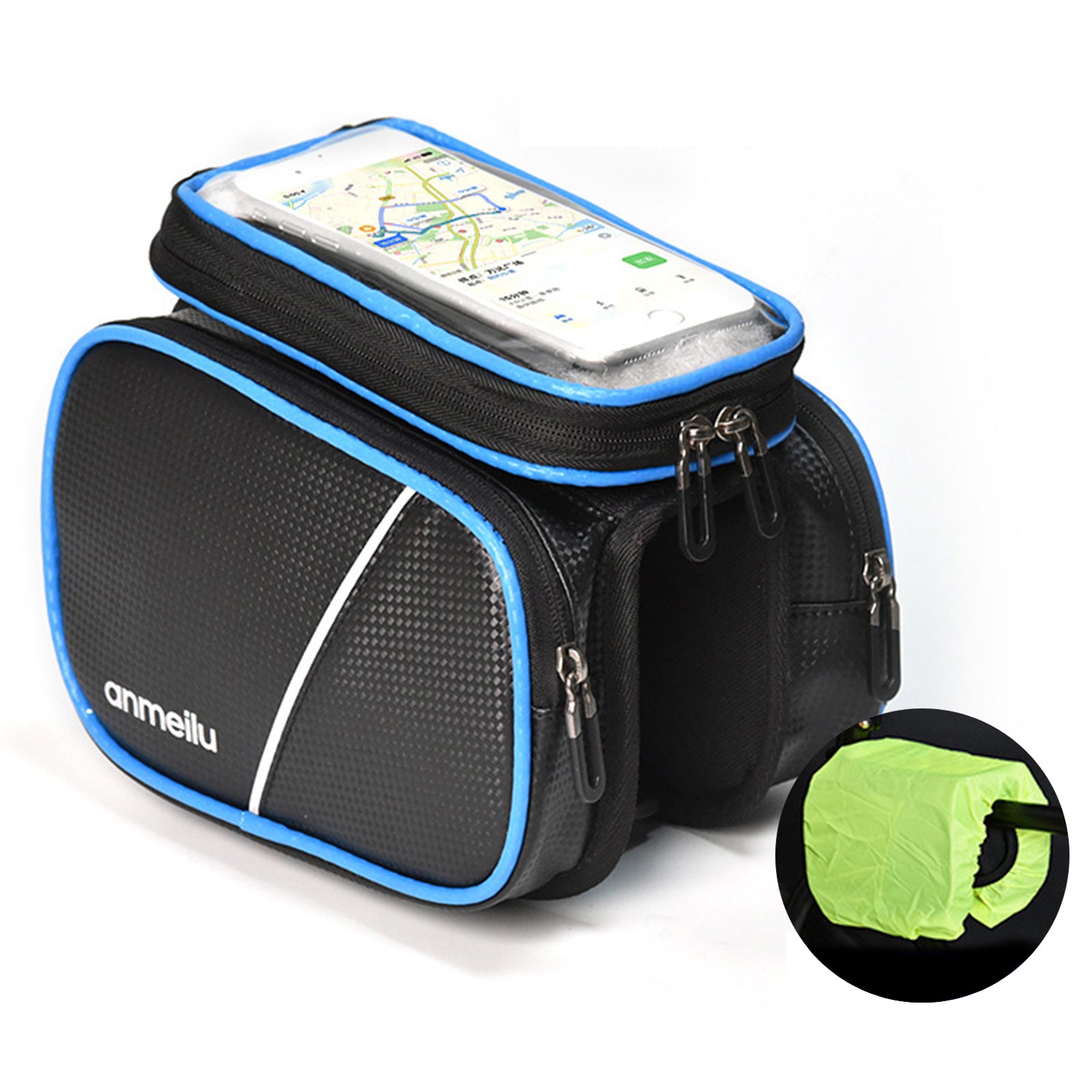 ANMEILU 7006 Waterproof Cycling Bike Front Frame Bag Touch Screen Phone Pouch Bicycle Top Tube Storage Bag with Rainproof Cover ANMEILU 7006 Waterproof Cycling Bike Front Frame Bag Touch Screen Phone Pouch Bicycle Top Tube Storage Bag with Rainproof Cover